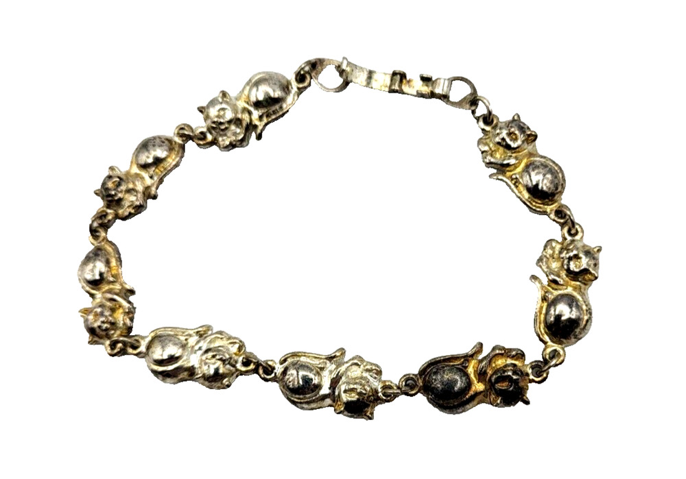 Vintage SJ Silvertone Cat Link Bracelet 8"